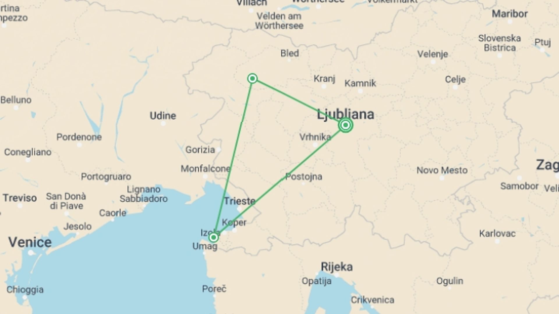 A map showing the tour itinerary for the trip: Slovenia Discovery, starting in Ljubljana, Slovenia and ending in Ljubljana, Slovenia going through 2 other destinations.