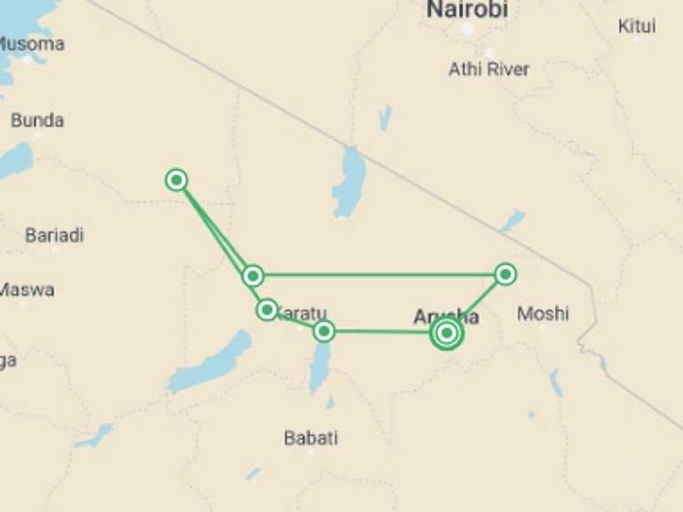 Map of Tanzania Tour with 6 destination visits for the trip: 4 days 3 nights budget camping safari