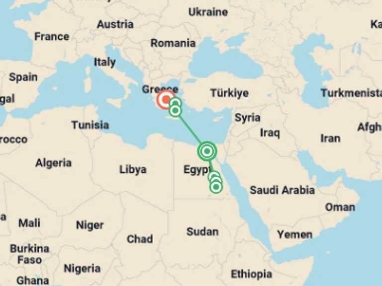 Map itinerary of Balkans Tour in April 2026 with 7 destination visits for the trip: Ancient Egypt and Greece