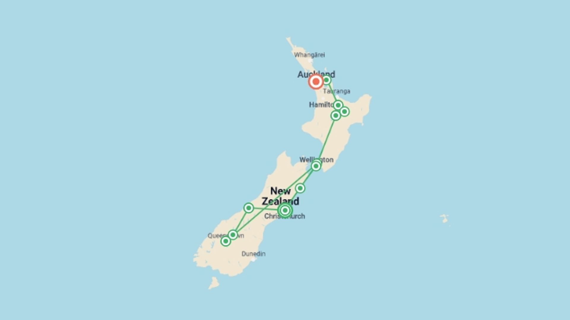 A map showing the tour itinerary for the trip: New Zealand Amplified Tour, starting in Auckland, New Zealand and ending in Auckland, New Zealand going through 11 other destinations.