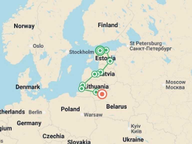 Map of a Bicycle Tour with 10 destination visits for the trip: Estonia to Lithuania Self Guided Cycle