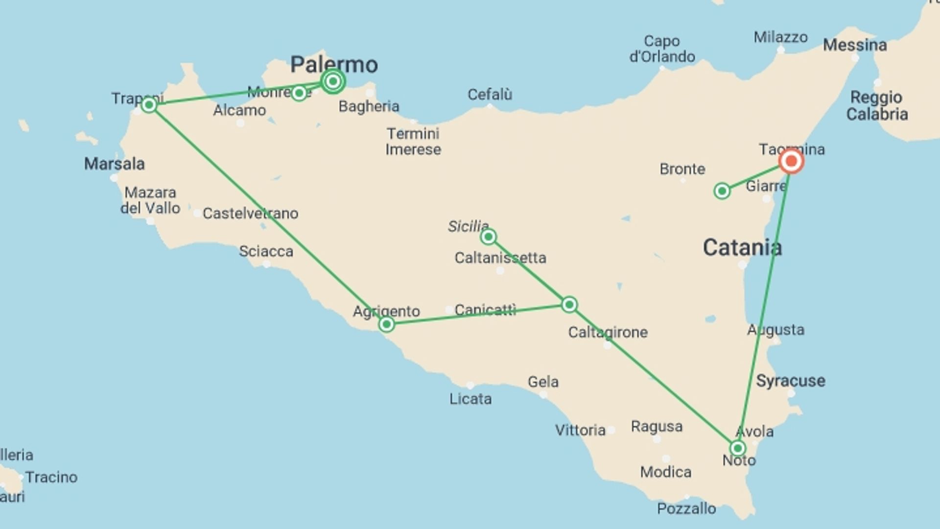 A map showing the tour itinerary for the trip: Sicilian Fantasy: Small Group Tour, starting in Palermo, Italy and ending in Taormina, Italy going through 2 other destinations.