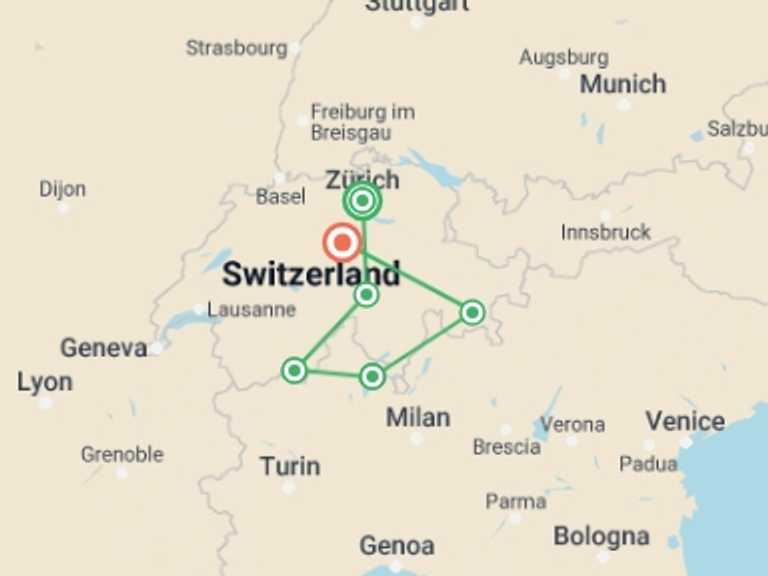 Map of Lucerne Natural landmarks sightseeing Tour with 4 destination visits for the trip: Alpine Lakes & Scenic Trains featuring a cruise on Lake Maggiore and scenic trains in Switzerland & Italy