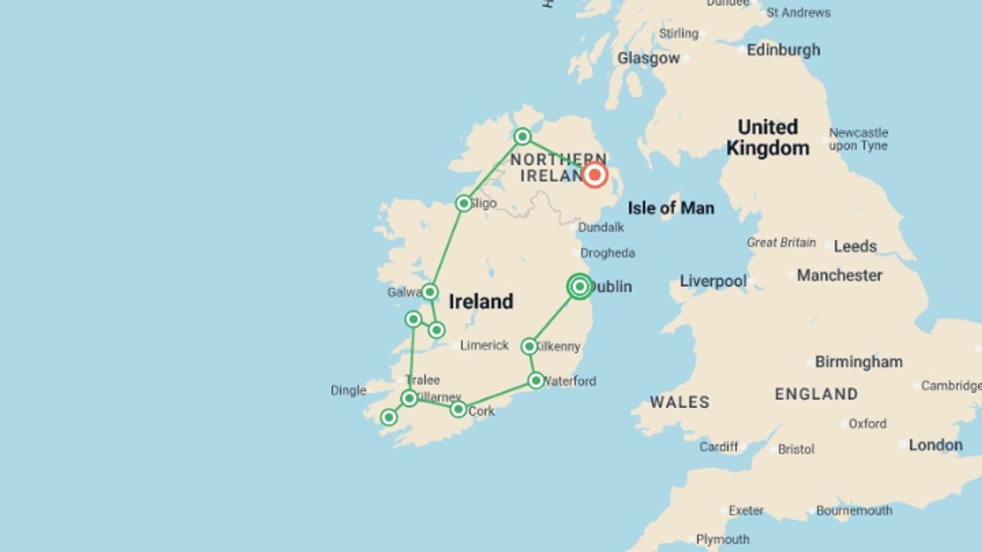 A map showing the tour itinerary for the trip: Shades of Ireland , starting in Dublin, Ireland and ending in Belfast, Ireland going through 5 other destinations.