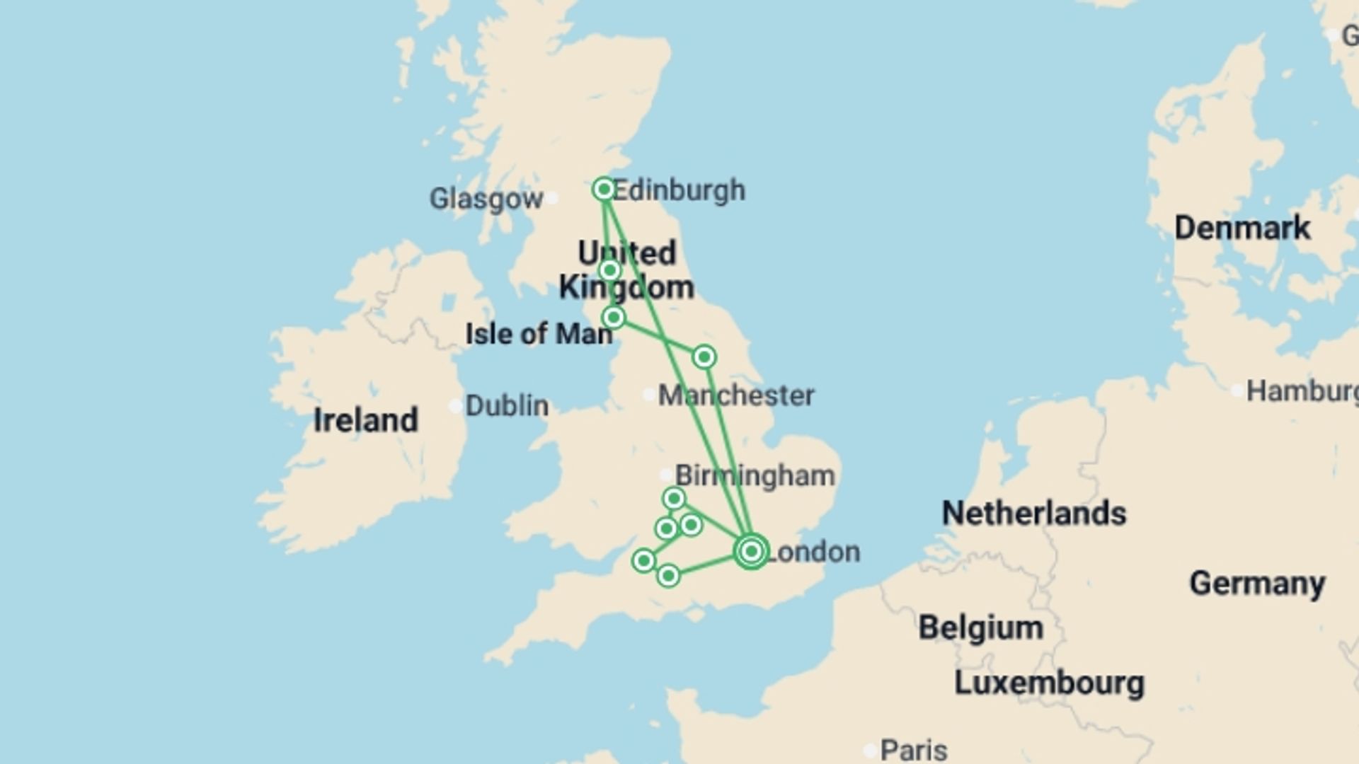 A map showing the tour itinerary for the trip: Elegance of Great Britain, starting in London, England and ending in London, England going through 6 other destinations.
