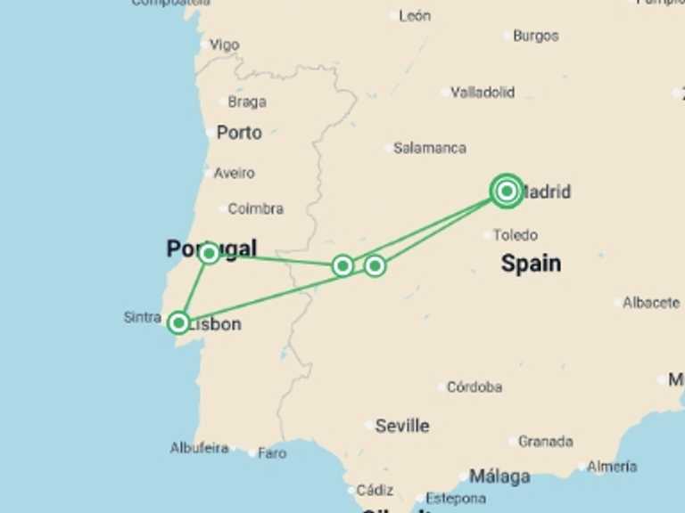 Map itinerary of Lisbon Tour in December 2025 with 3 destination visits for the trip: Madrid to Lisbon Express - 4 days
