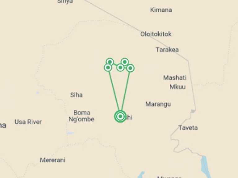 Map itinerary of Africa Tour in September 2026 with 6 destination visits for the trip: Kilimanjaro: Machame Route