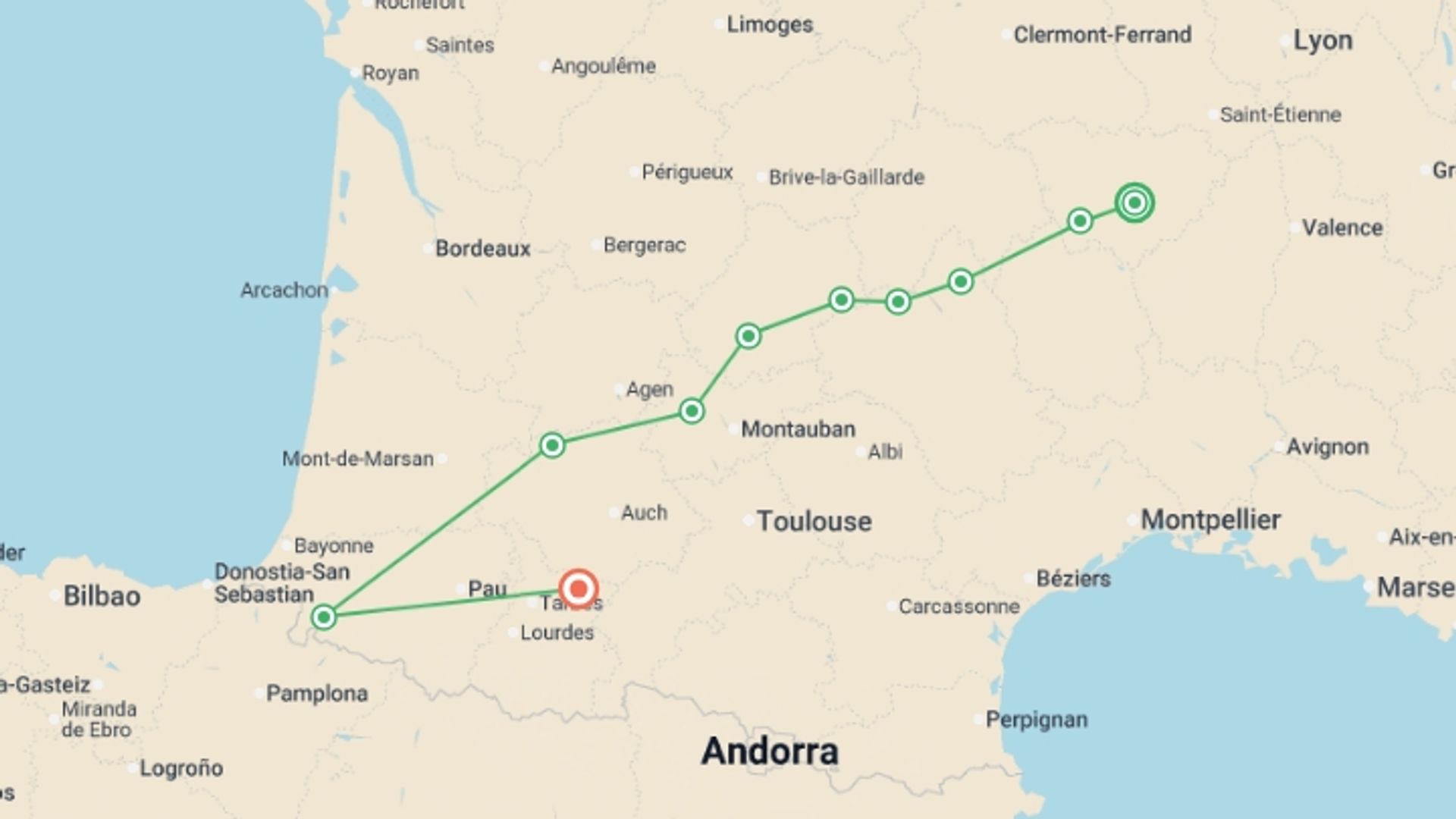 A map showing the tour itinerary for the trip: French Food Lover's Le Puy Camino, starting in Le Puy-en-Velay, France and ending in Pau , France going through 11 other destinations.