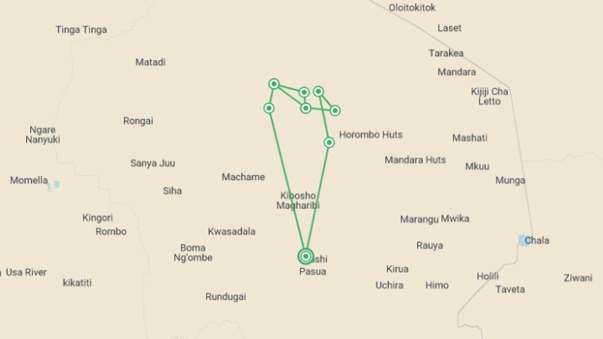 A map showing the tour itinerary for the trip: 7 Days Mount Kilimanjaro Trekking - Machame Route, starting in Moshi, Tanzania and ending in Moshi, Tanzania going through 6 other destinations.