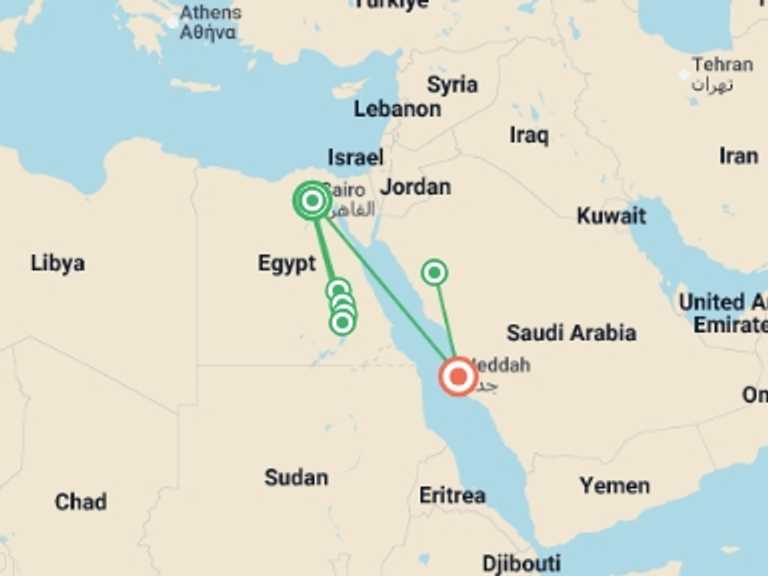 Map itinerary of Asia Tour in September 2026 with 6 destination visits for the trip: Best of Egypt and Saudi Arabia