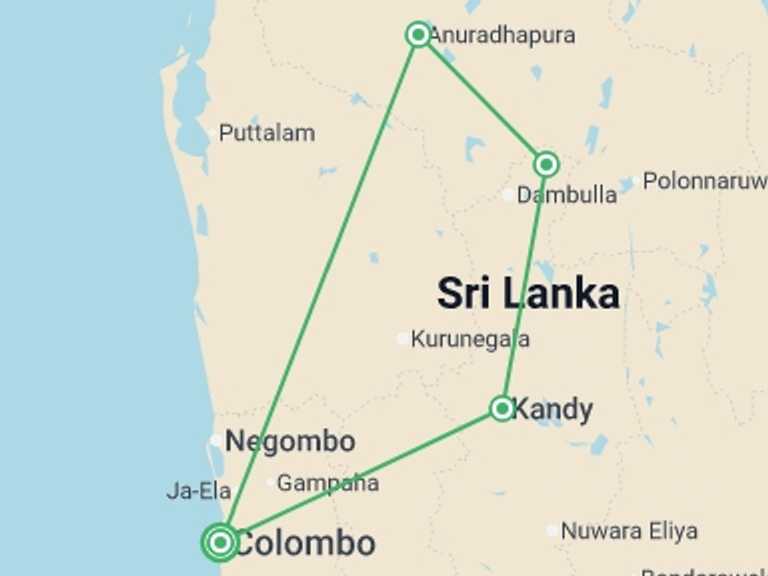 Map itinerary of South Asia Tour in December 2025 with 4 destination visits for the trip: Anuradhapura, Sigiriya & Kandy - 9 days