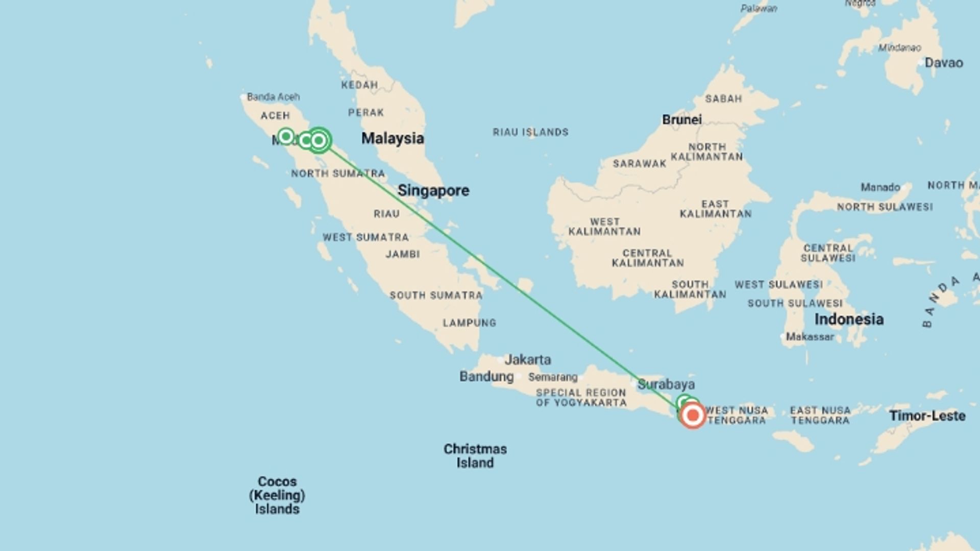 A map showing the tour itinerary for the trip: Sumatra to Nusa Lembongan: Wild Islands & Zen Beaches, starting in Medan, Indonesia and ending in Bali, Indonesia going through 7 other destinations.