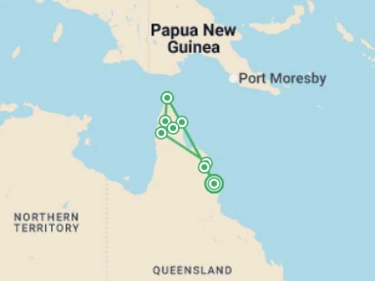 Map itinerary of Cairns Tour in July 2026 with 8 destination visits for the trip: Cape York & Torres Strait Explorer