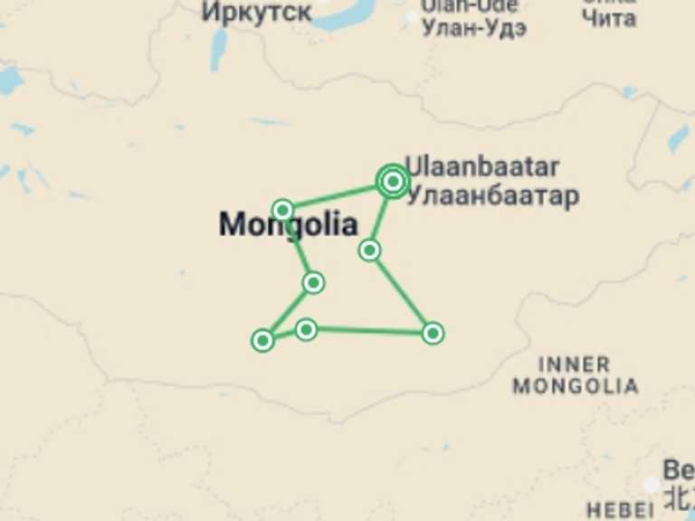 Map of Mongolia Tour with 7 destination visits for the trip: Mongolia's Naadam Festival
