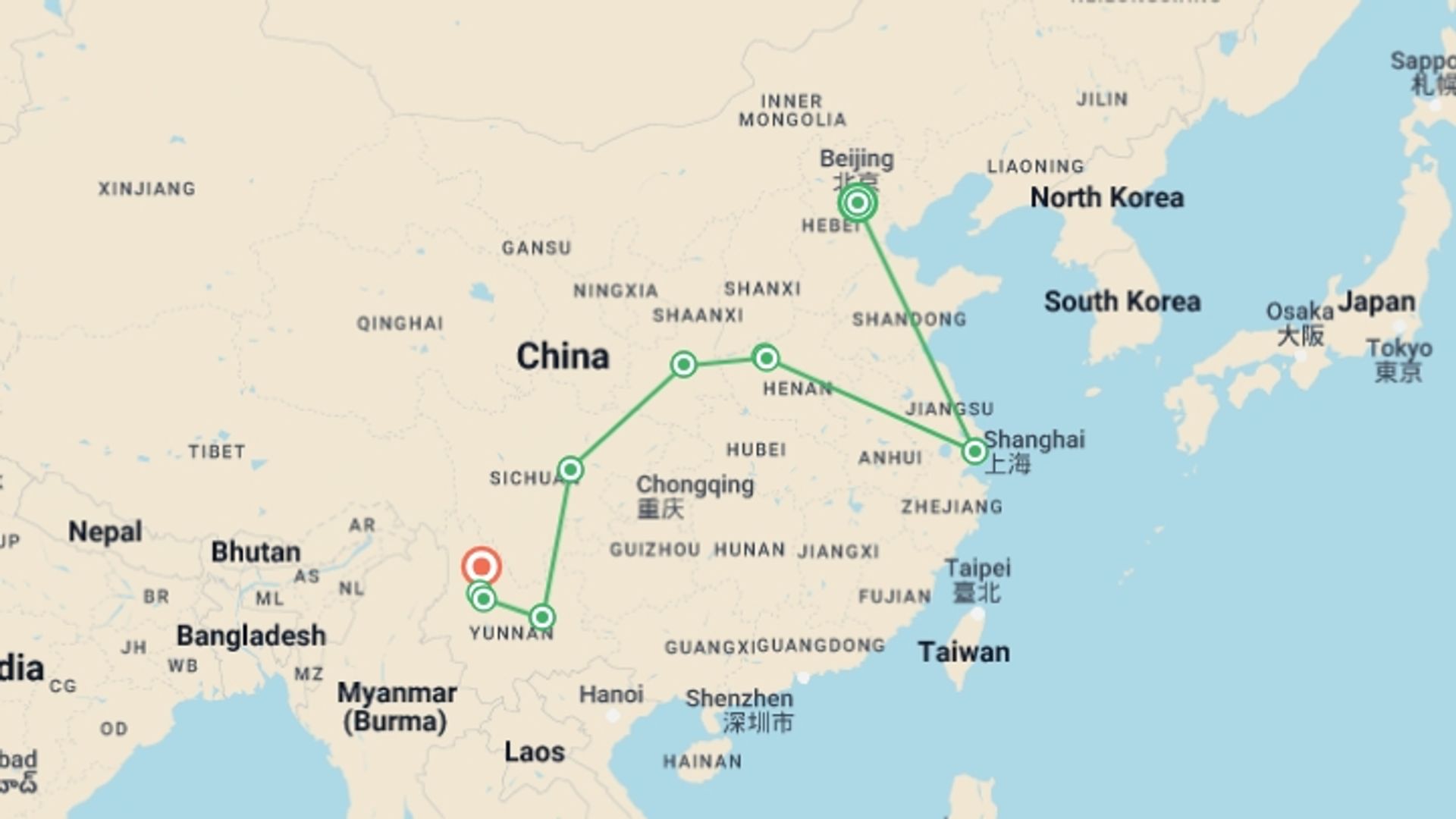 A map showing the tour itinerary for the trip: Discover China & the Essence of Yunnan, starting in Beijing, China and ending in Lijiang, china going through 6 other destinations.