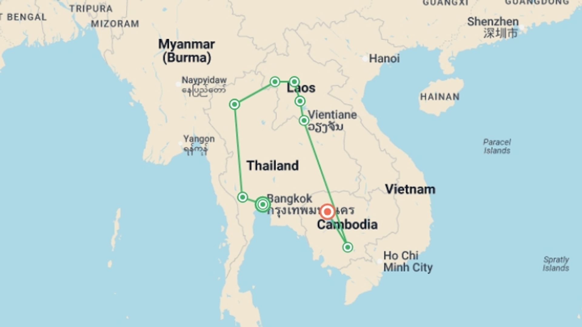 A map showing the tour itinerary for the trip: Thailand, Laos and Cambodia Adventure, starting in Bangkok, Thailand and ending in Siem Reap, Cambodia going through 7 other destinations.