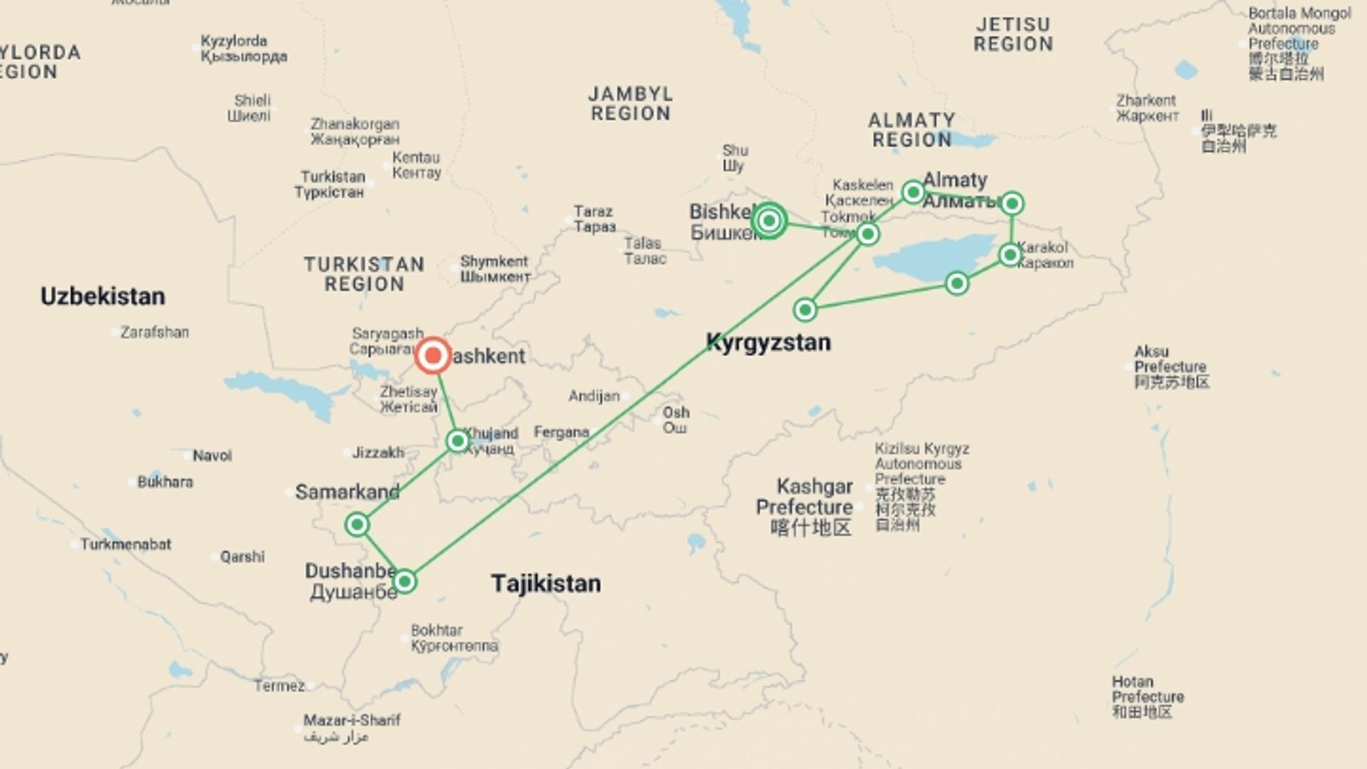 A map showing the tour itinerary for the trip: Best of Kyrgyzstan and Tajikistan, starting in Bishkek, Kyrgyzstan and ending in Tashkent, Uzbekistan going through 9 other destinations.
