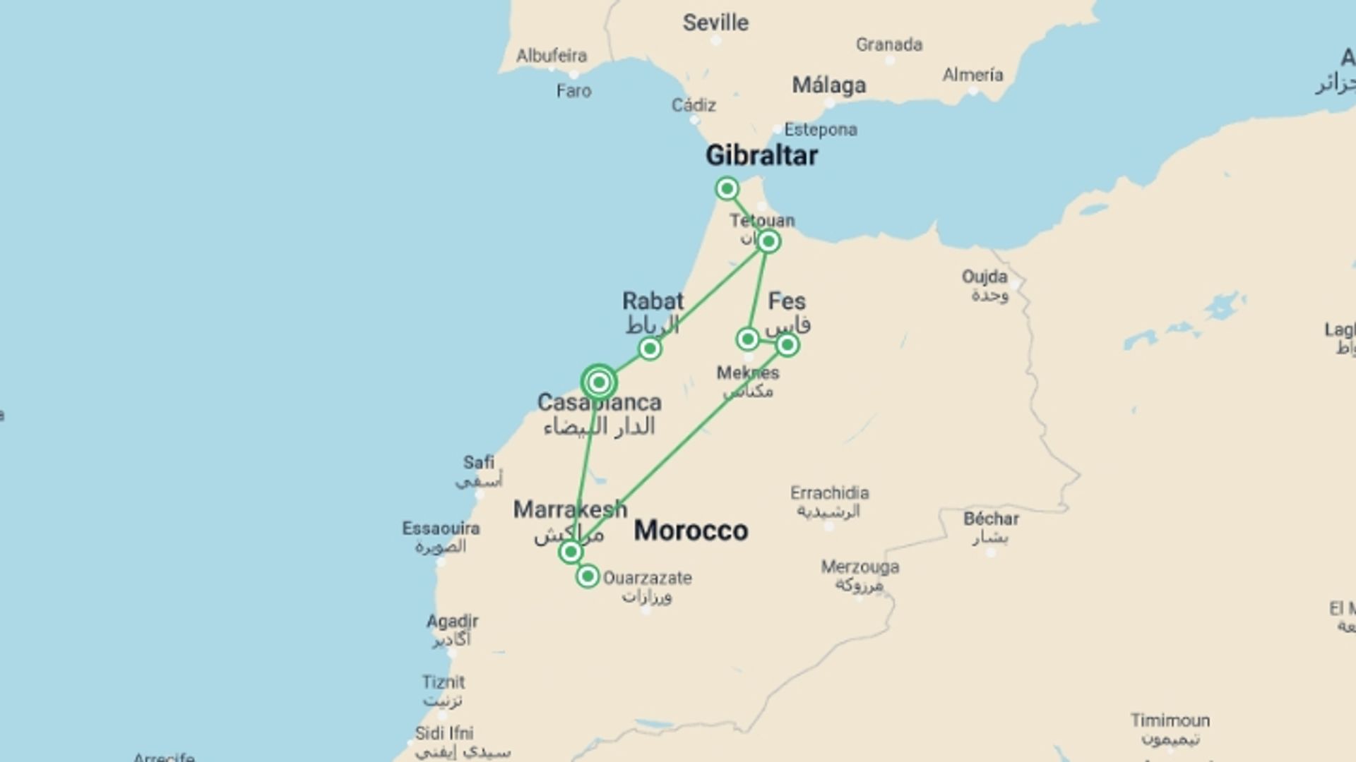A map showing the tour itinerary for the trip: Experience Northern Morocco, starting in Casablanca, Morocco and ending in Casablanca, Morocco going through 6 other destinations.