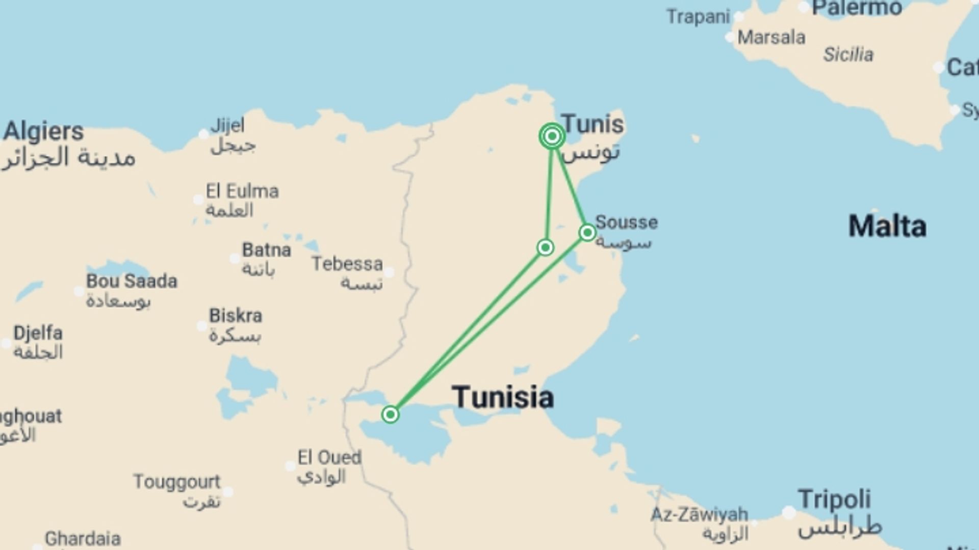A map showing the tour itinerary for the trip: Premium Tunisia, starting in Tunis, Tunisia and ending in Tunis, Tunisia going through 3 other destinations.