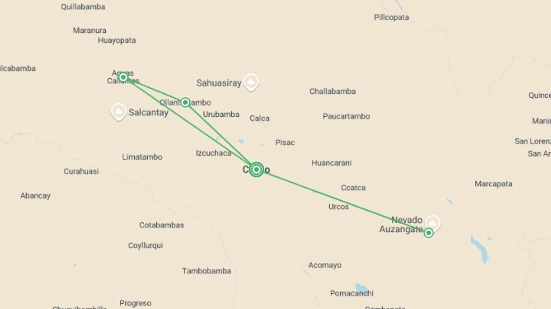 A map showing the tour itinerary for the trip: Inca Trail Express & Rainbow Mountain 7D/6N, starting in Cusco, Peru and ending in Cusco, Peru going through 2 other destinations.