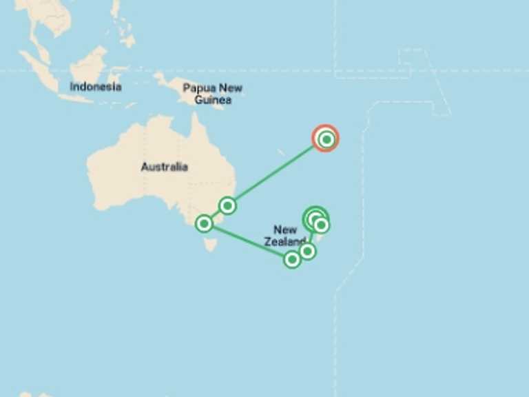 Map of a Nature and bush walks Tour with 7 destination visits for the trip: Wonders of New Zealand, Australia and Fiji