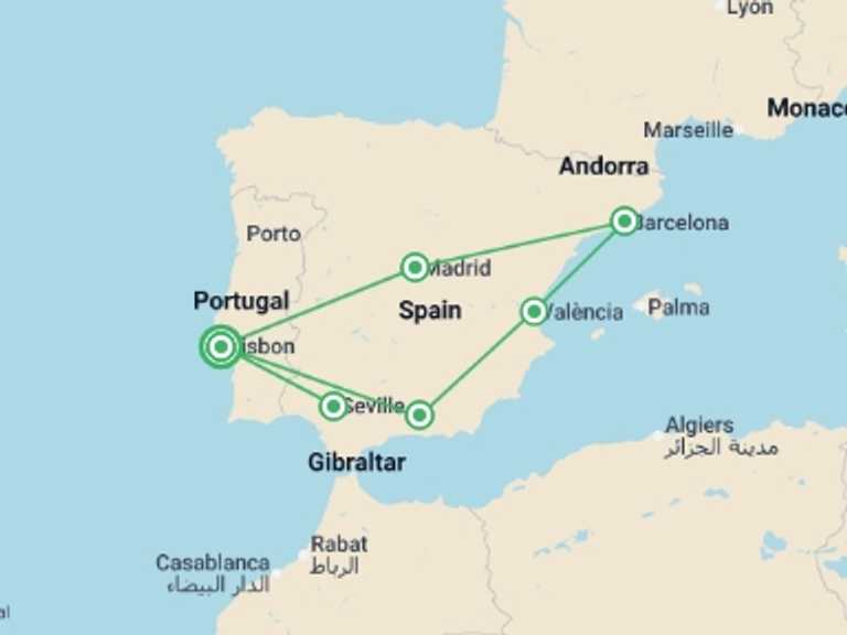 Map itinerary of Europe Tour in July 2026 with 6 destination visits for the trip: Spanish soul and Lisbon