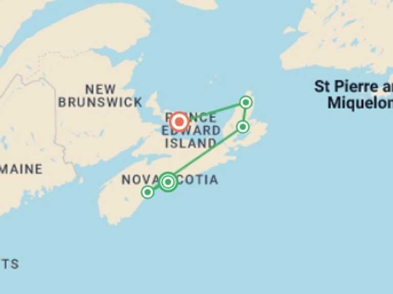 Map itinerary of Canada Tour in June 2027 with 5 destination visits for the trip: The Maritimes: Nova Scotia