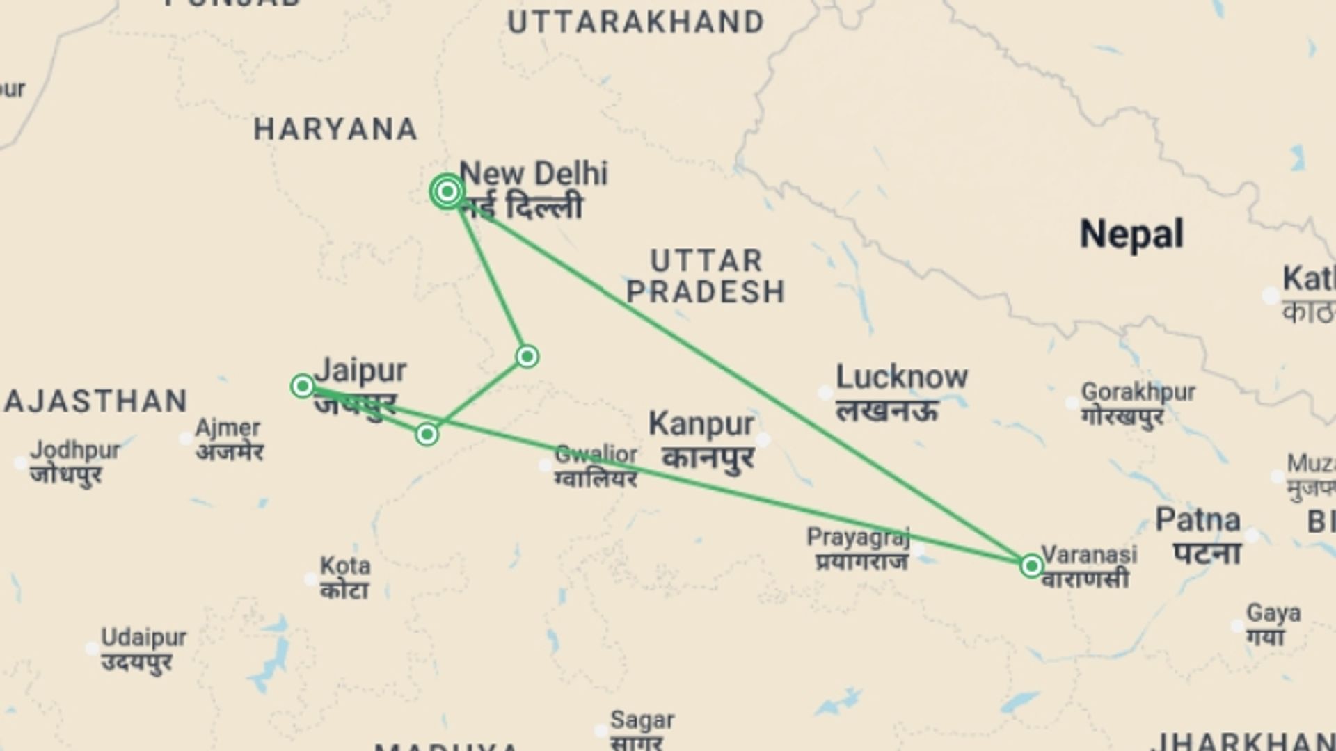 A map showing the tour itinerary for the trip: Delhi, Palaces, Ganges - 10 days, starting in New Delhi, India and ending in New Delhi, India going through 4 other destinations.