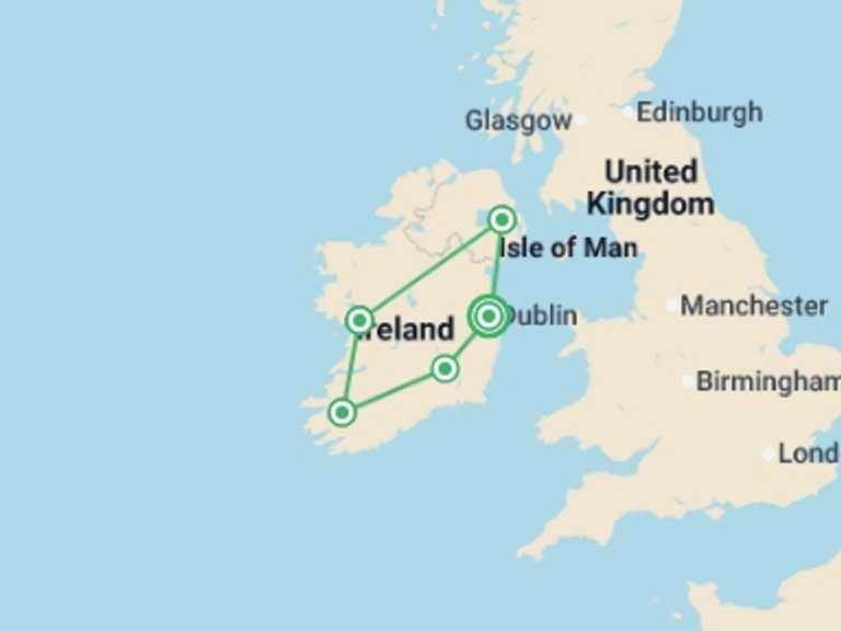 Map itinerary of Europe Tour in Fall with 5 destination visits for the trip: Ireland: Shamrocks & Singalongs
