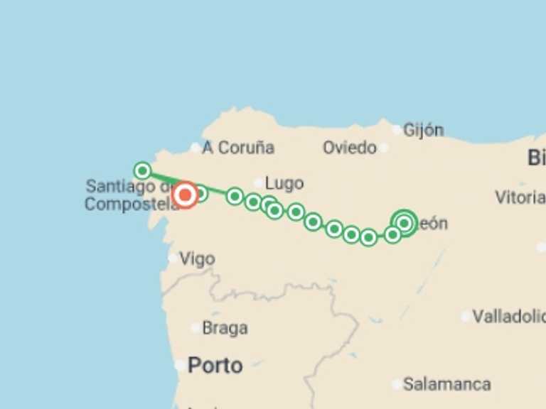 Map itinerary of Sarria Tour in October 2026 with 14 destination visits for the trip: Camino - Leon to Santiago