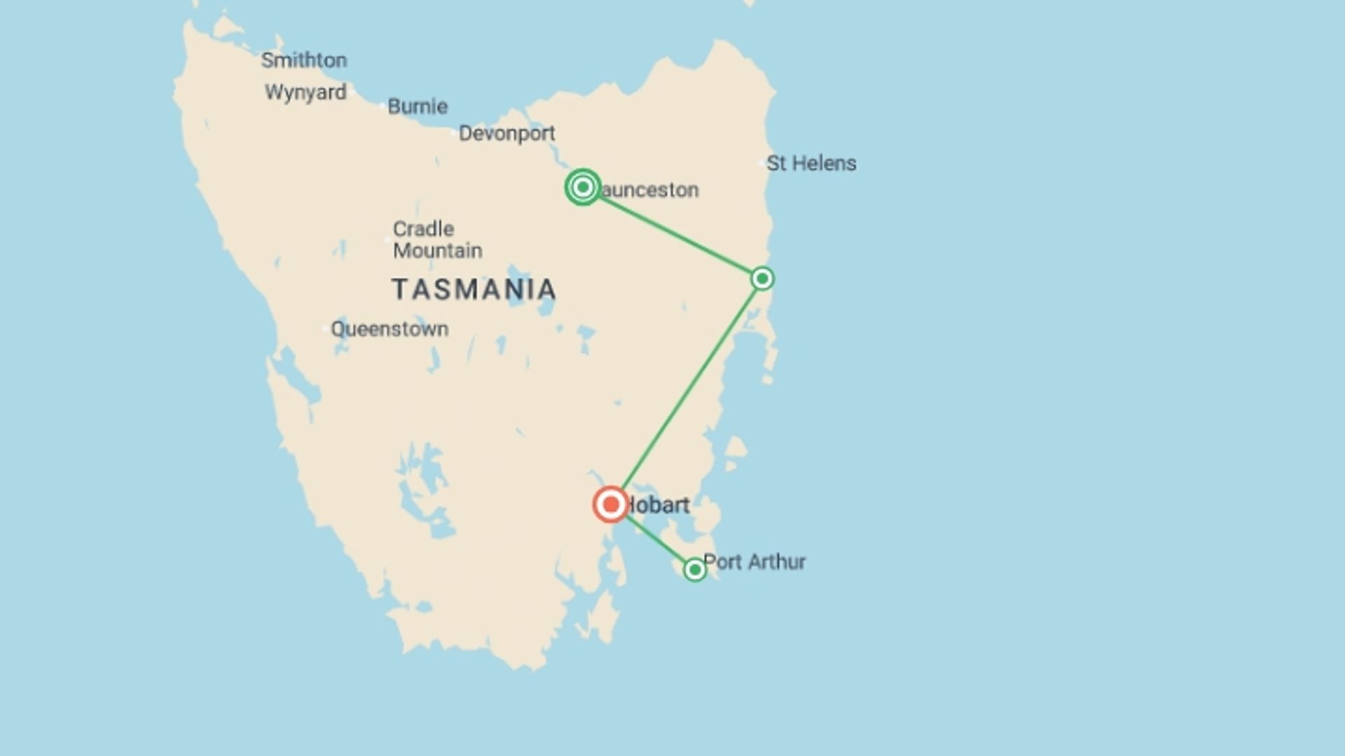 A map showing the tour itinerary for the trip: Tassie's East Coast Highlights, starting in Launceston, Australia and ending in Hobart, Australia going through 2 other destinations.