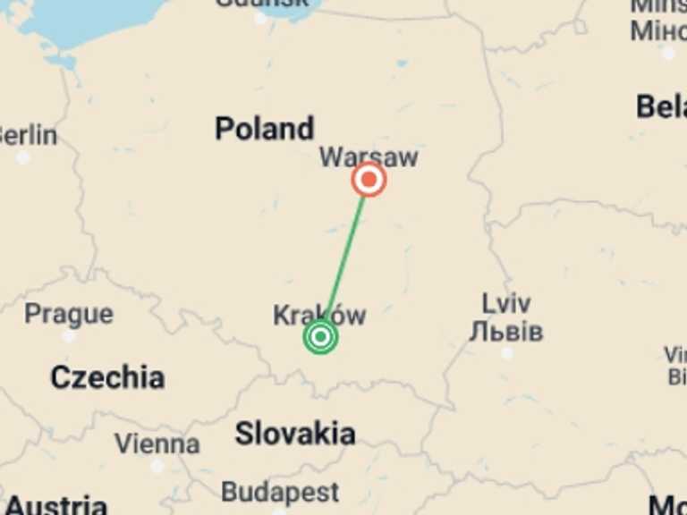 Map of Krakow Explorer Tour with 2 destination visits for the trip: Highlights of Poland