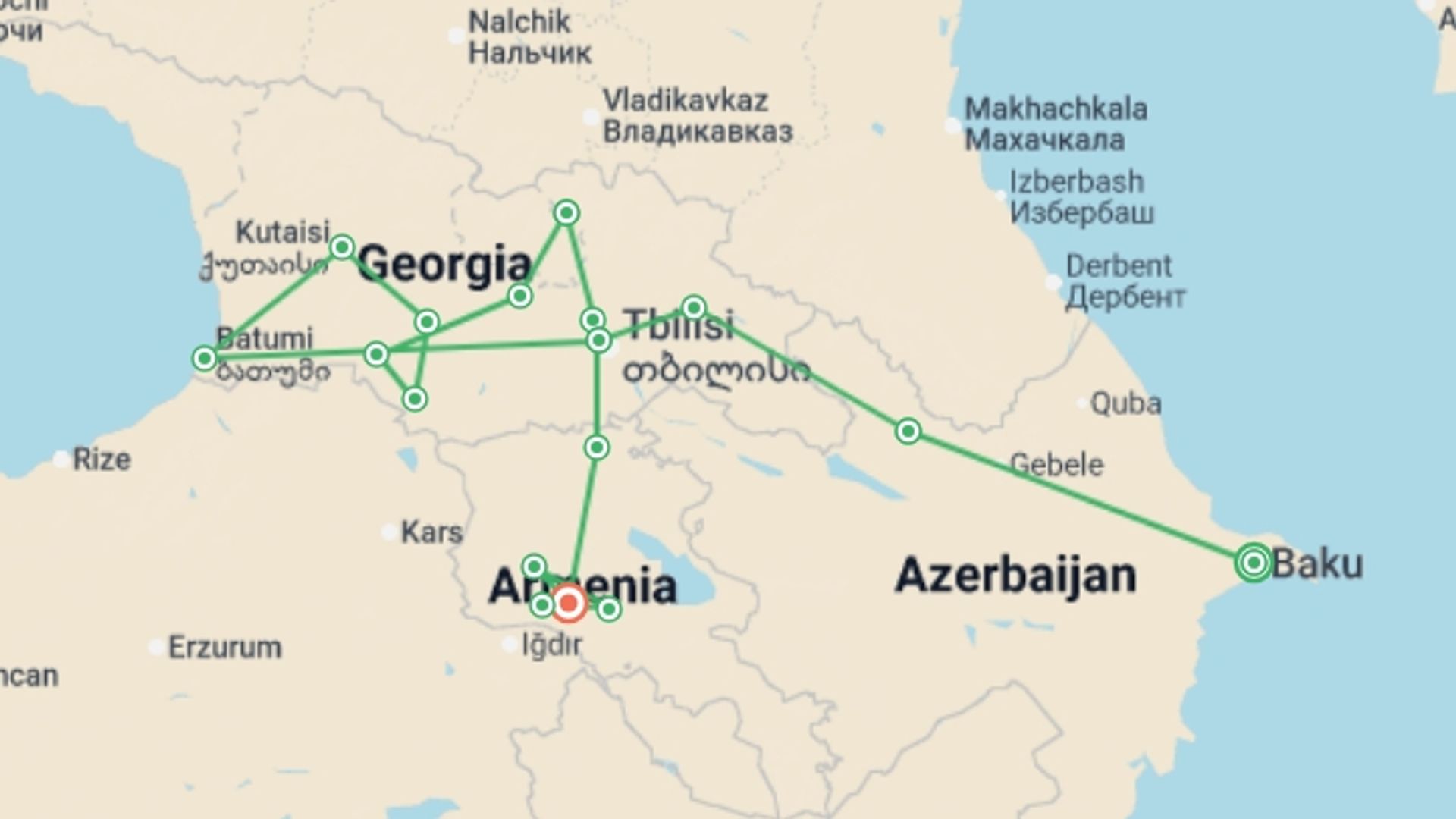 A map showing the tour itinerary for the trip: The Best of Azerbaijan, Georgia and Armenia, starting in Baku, Azerbaijan and ending in Yerevan, Armenia going through 12 other destinations.