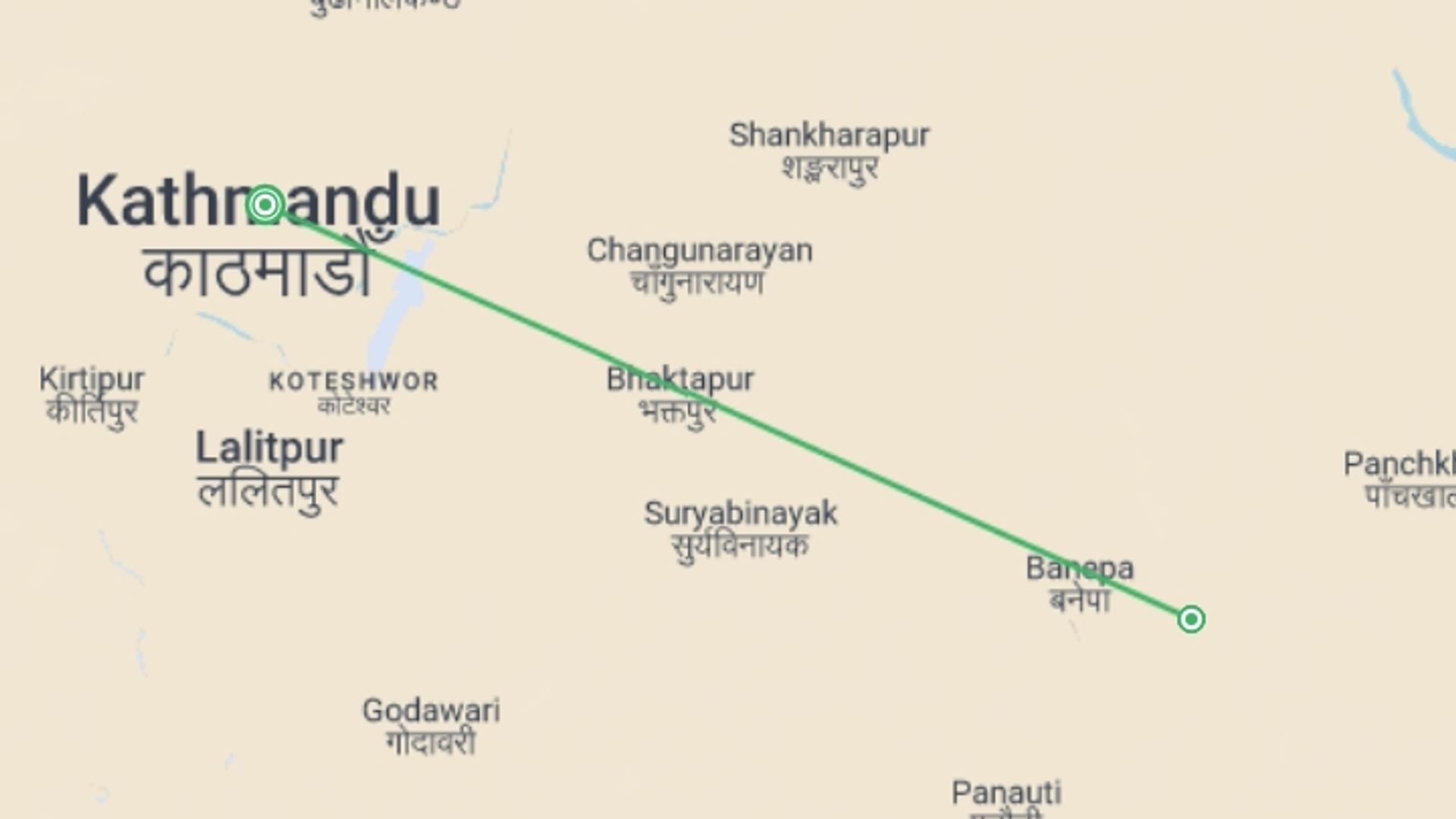 A map showing the tour itinerary for the trip: Nepal Luxury Wellness & Yoga Tour, starting in Kathmandu, Nepal and ending in Kathmandu, Nepal going through 1 other destinations.