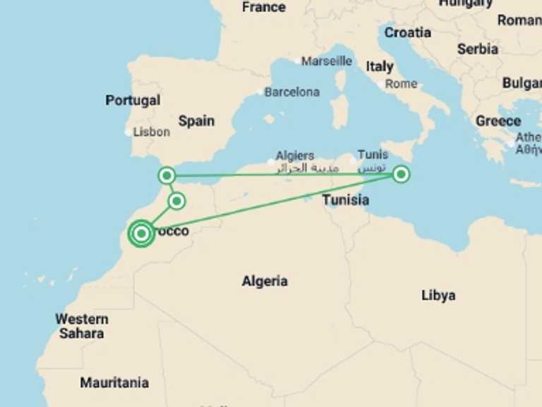 Map of Marrakech Walking Tour with 4 destination visits for the trip: Colors of Morocco