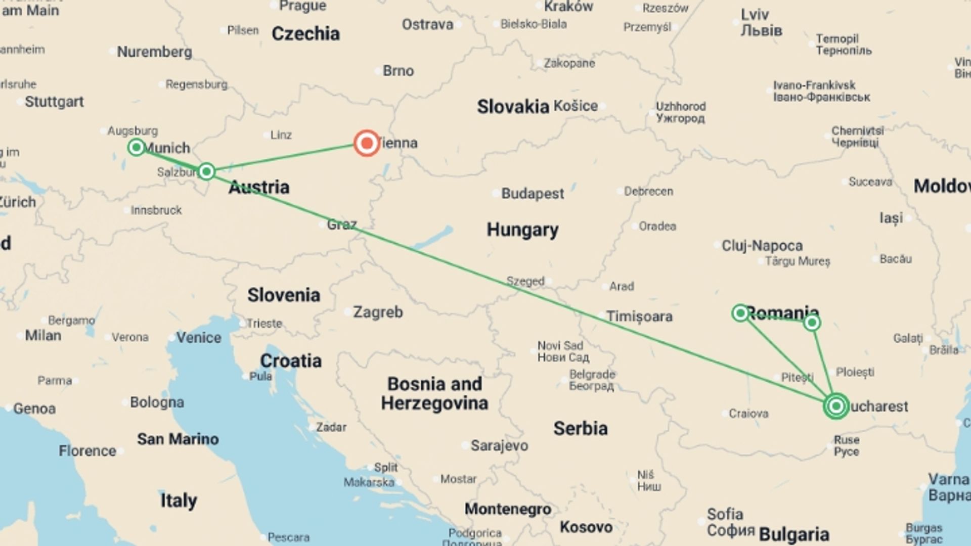 A map showing the tour itinerary for the trip: Amazing Christmas Markets: Bucharest to Vienna, starting in Bucharest, Romania and ending in Vienna, Austria going through 4 other destinations.