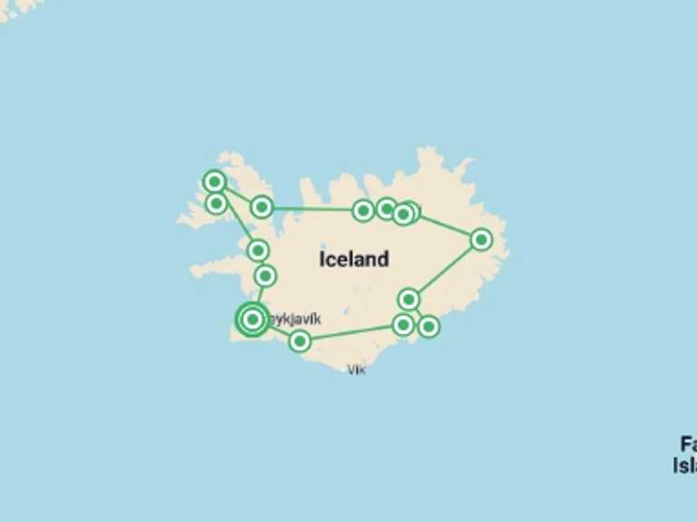 Map itinerary of Reykjavik Tour in Spring with 8 destination visits for the trip: Iceland Circle, Westfjords & Northern Lights - 12 days