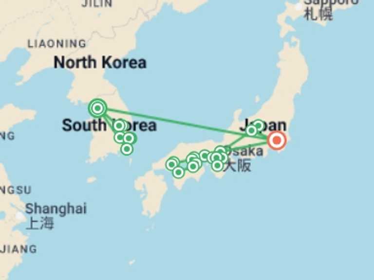 Map of Asia Tour with 11 destination visits for the trip: Korea and the Wonders of Japan
