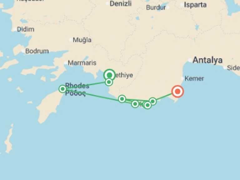 Map itinerary of Turkey Tour in September 2025 with 7 destination visits for the trip: Fethiye to Olympos Express - 4 days