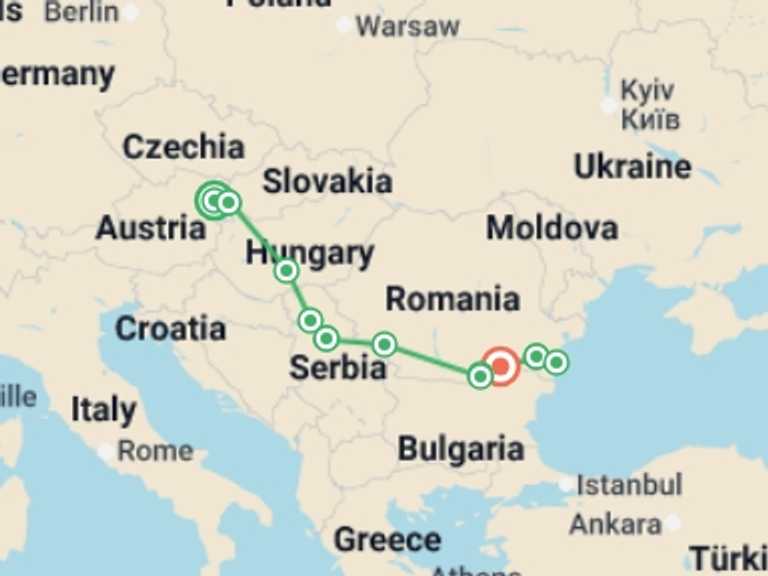 Map itinerary of Balkans Tour in Fall with 10 destination visits for the trip: From the Blue Danube to the Black Sea (port-to-port cruise)