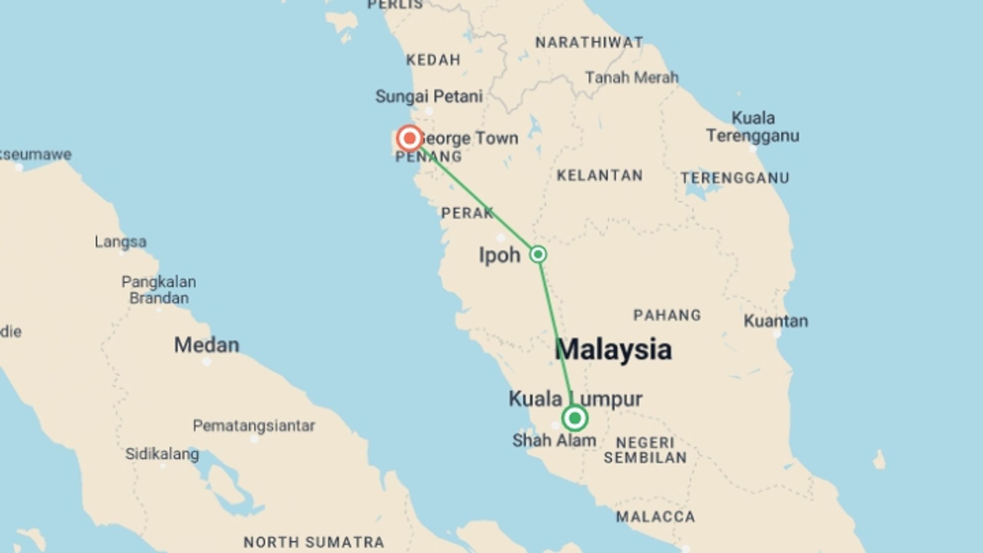 A map showing the tour itinerary for the trip: Classic tour from Kuala Lumpur to Penang, starting in Kuala Lumpur, Malaysia and ending in Penang, Malaysia going through 2 other destinations.