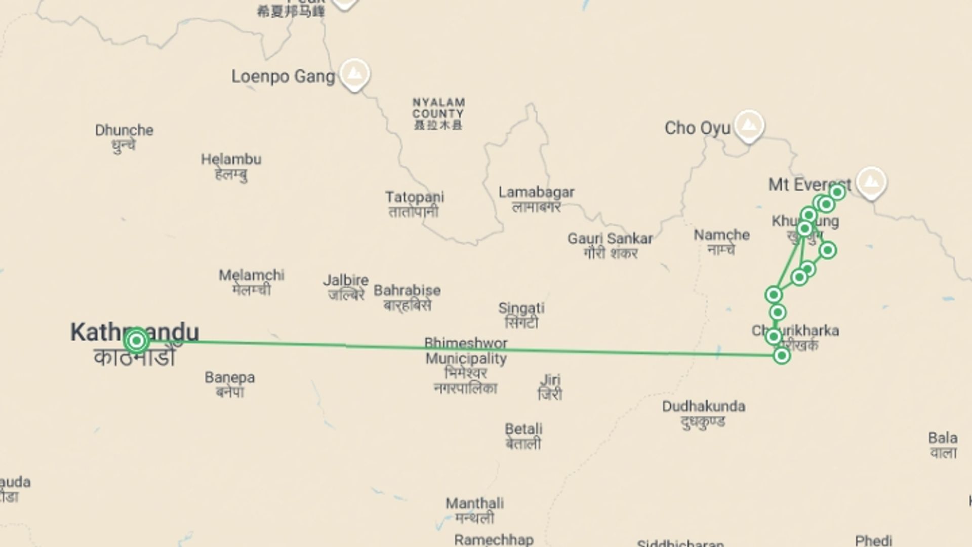 A map showing the tour itinerary for the trip: Everest Base Camp over 55's in Comfort, starting in Kathmandu, Nepal and ending in Kathmandu, Nepal going through 10 other destinations.