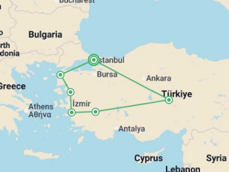 Map itinerary of Turkey Tour in March 2027 with 6 destination visits for the trip: Turkey Unbound (5 Star) - 10 days