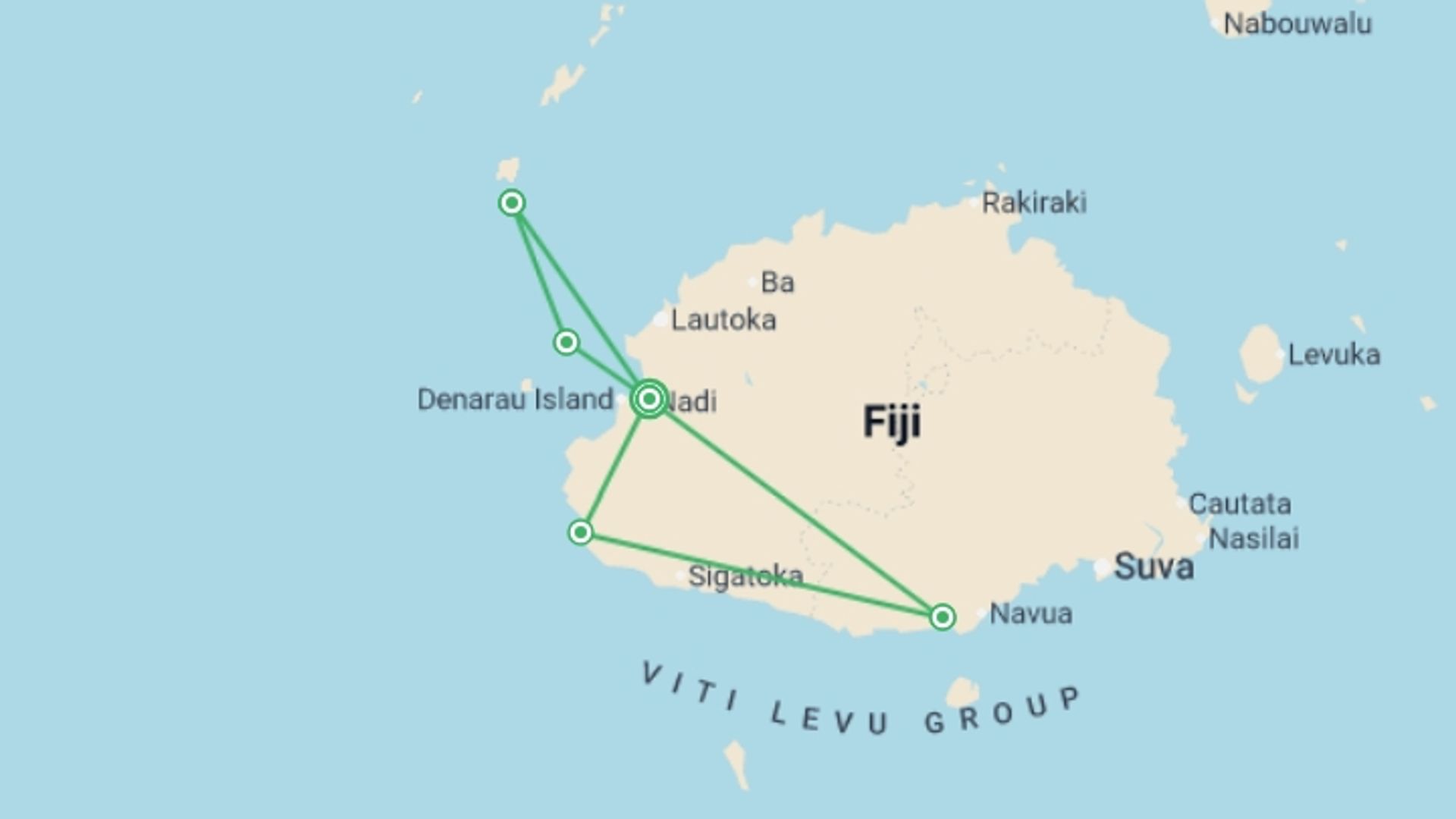 A map showing the tour itinerary for the trip: Fijian Explorer 14D/13N, starting in Nadi, Fiji and ending in Nadi, Fiji going through 4 other destinations.