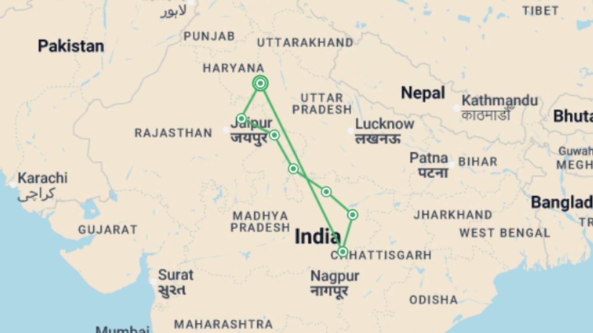A map showing the tour itinerary for the trip: India Tiger Safari, starting in New Delhi, India and ending in New Delhi, India going through 8 other destinations.