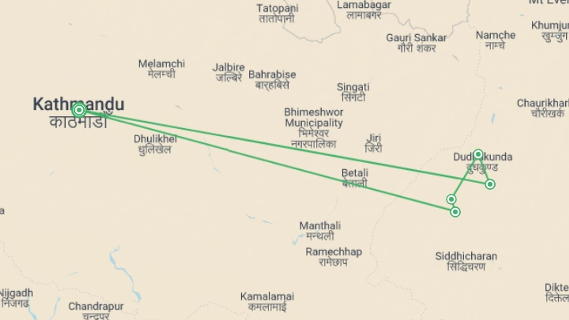 A map showing the tour itinerary for the trip: Pikey Peak Trek, starting in Kathmandu, Nepal and ending in Kathmandu, Nepal going through 5 other destinations.