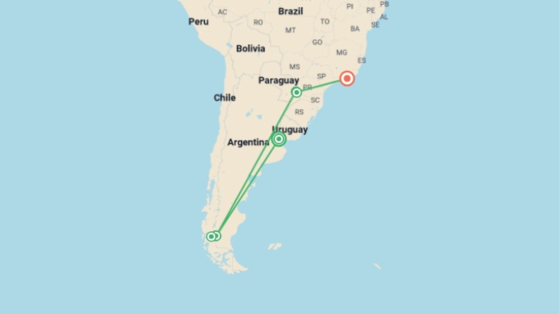 A map showing the tour itinerary for the trip: 14-Day Journey through Argentina and Brazil, starting in Buenos Aires, Argentina and ending in Rio de Janeiro, Brazil going through 5 other destinations.