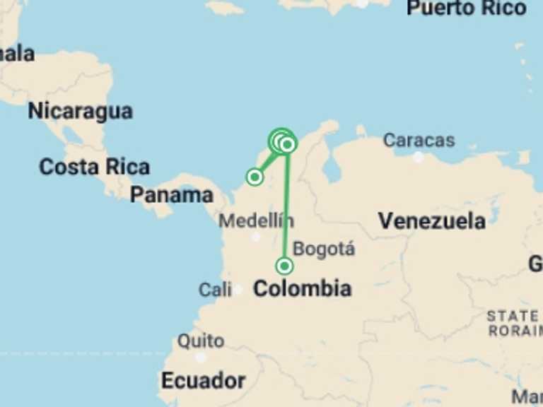 Map of a Sightseeing Tour with 6 destination visits for the trip: Colombia -  Lost City Trekking