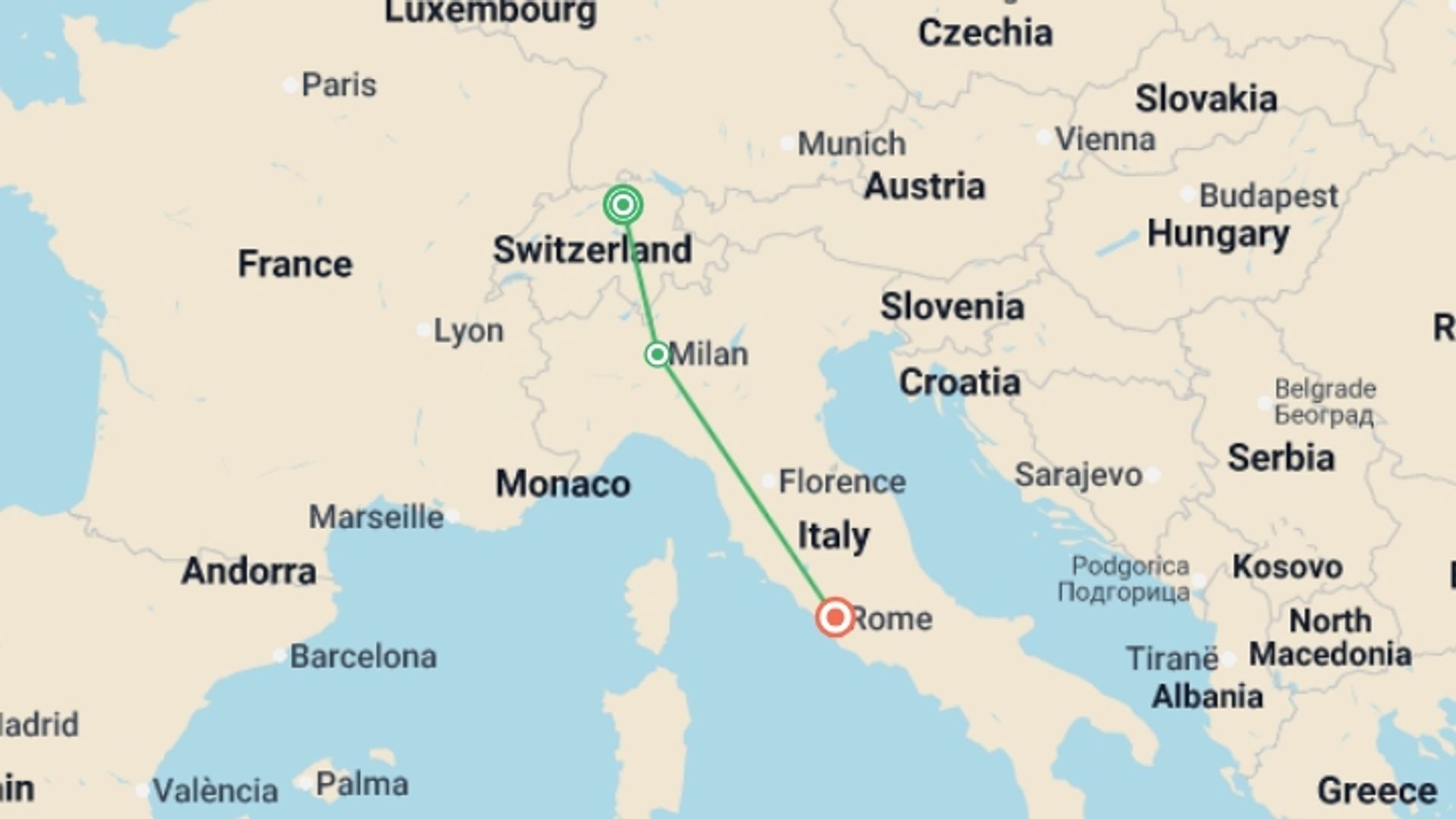 A map showing the tour itinerary for the trip: Swiss and Italian Spotlight GO, starting in Zurich, Switzerland and ending in Rome, Italy going through 1 other destinations.