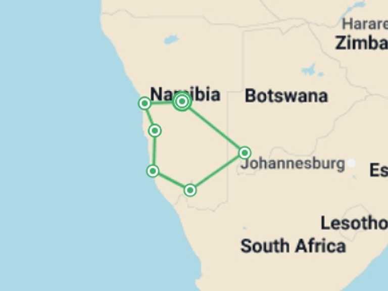 Map of 10-Day Africa Tour with 6 destination visits for the trip: Namibia Desert and Coast Journey